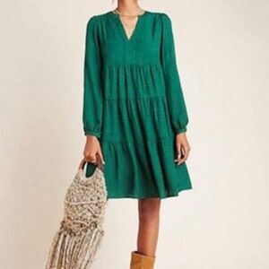 Mauve Anthropologie Amber Green Long Sleeve Tiered Dress Size X-Small